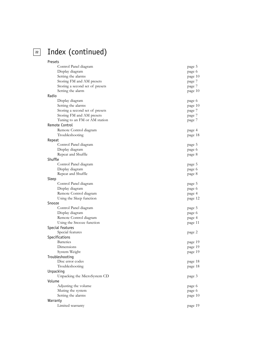 Index (continued) | Boston Acoustics Shelf Stereo System User Manual | Page 22 / 24