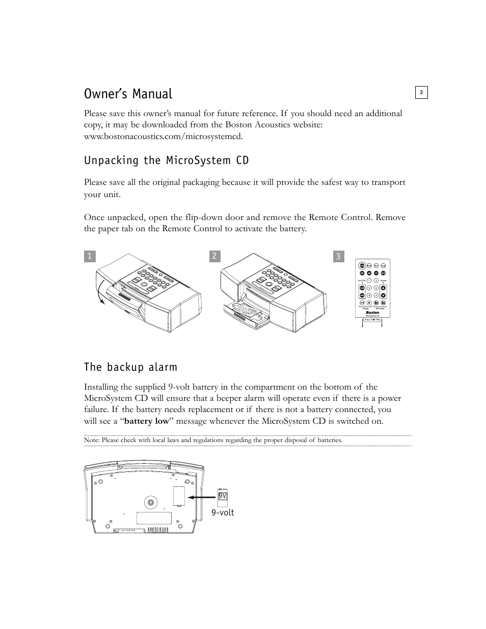 Owner’s manual, Unpacking the microsystem cd, The backup alarm | Boston Acoustics Shelf Stereo System User Manual | Page 3 / 24