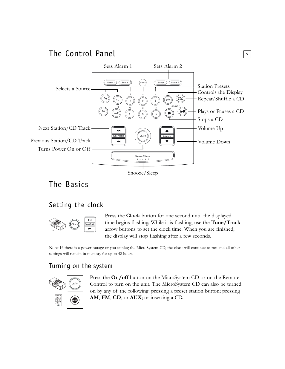 The control panel the basics, Setting the clock, Turning on the system | Boston Acoustics Shelf Stereo System User Manual | Page 5 / 24