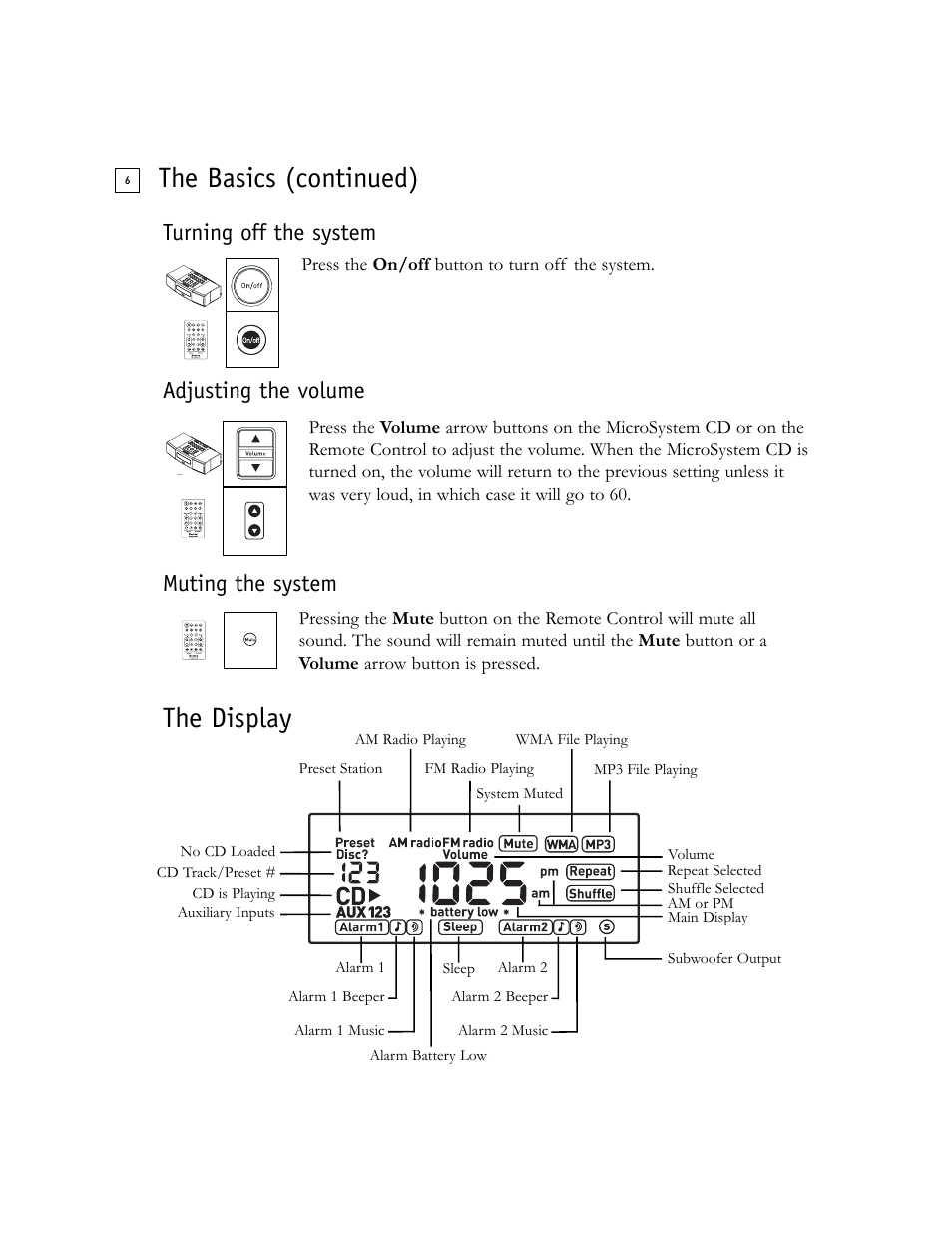 The basics (continued), The display | Boston Acoustics Shelf Stereo System User Manual | Page 6 / 24