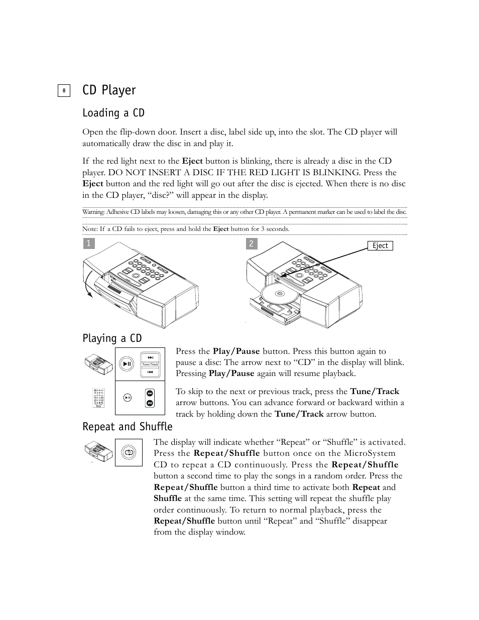 Cd player, Loading a cd, Playing a cd repeat and shuffle | Boston Acoustics Shelf Stereo System User Manual | Page 8 / 24