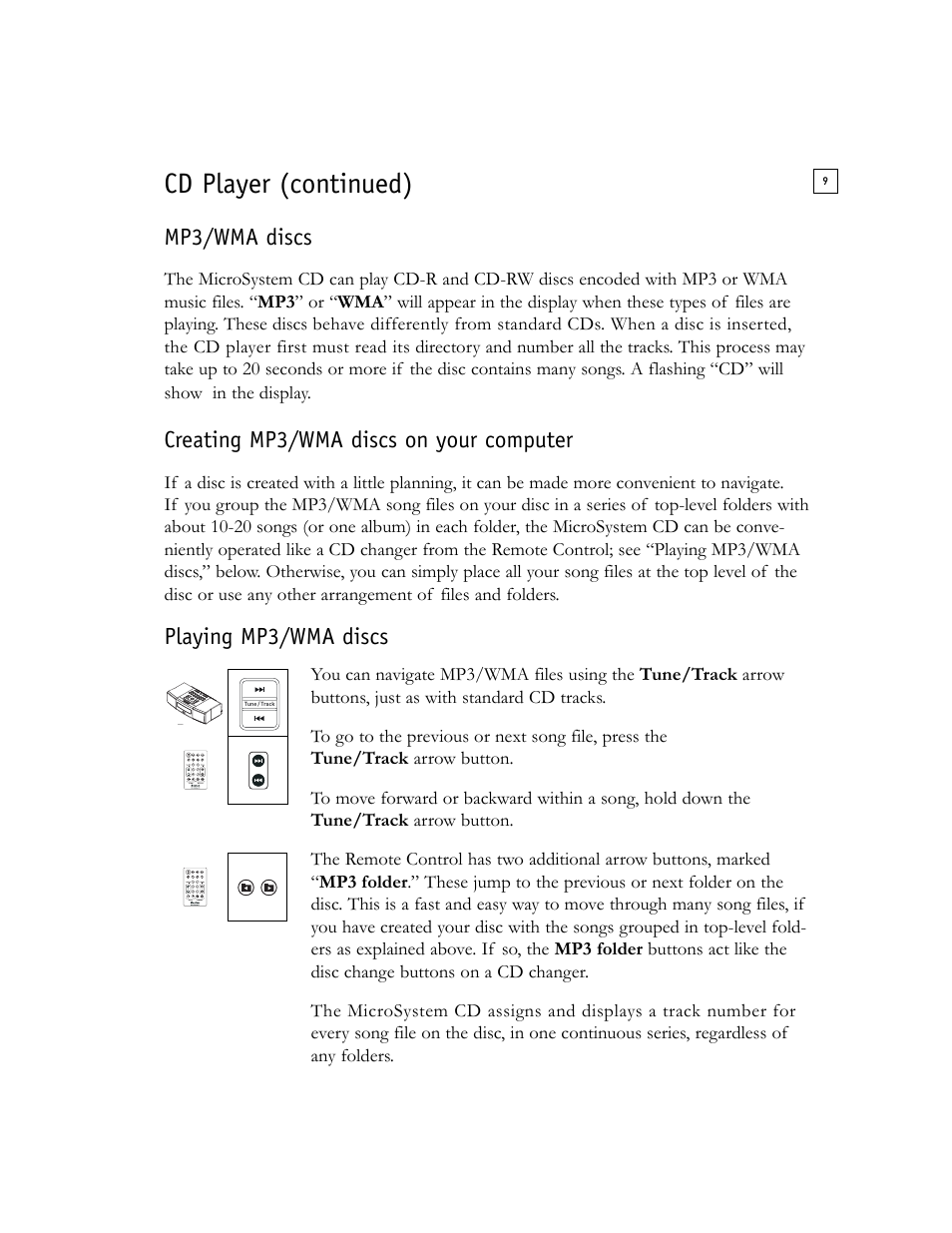 Cd player (continued), Mp3/wma discs, Creating mp3/wma discs on your computer | Playing mp3/wma discs | Boston Acoustics Shelf Stereo System User Manual | Page 9 / 24