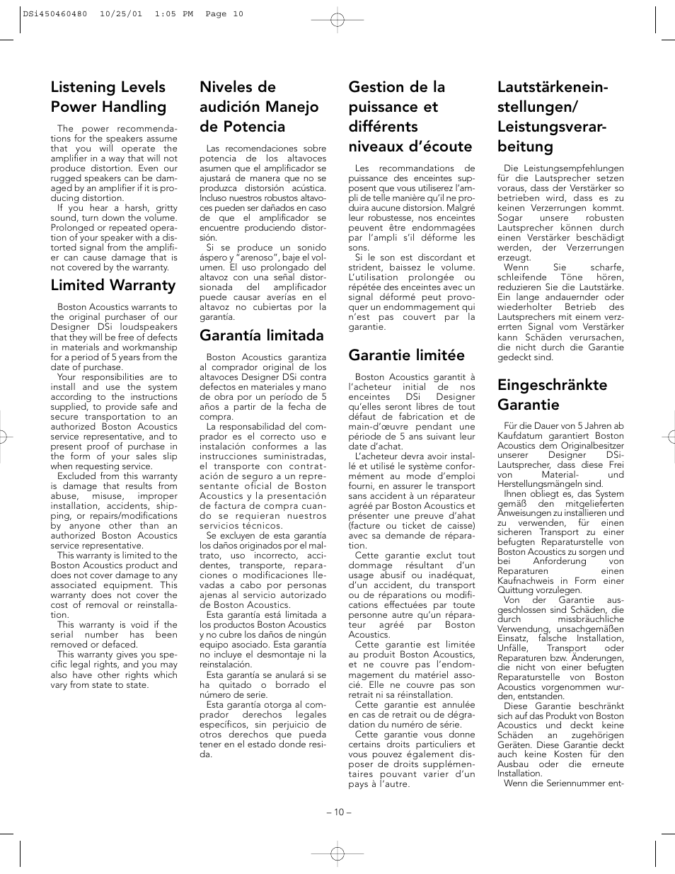 Listening levels power handling, Limited warranty, Niveles de audición manejo de potencia | Garantía limitada, Garantie limitée, Eingeschränkte garantie | Boston Acoustics DSi450 User Manual | Page 10 / 12