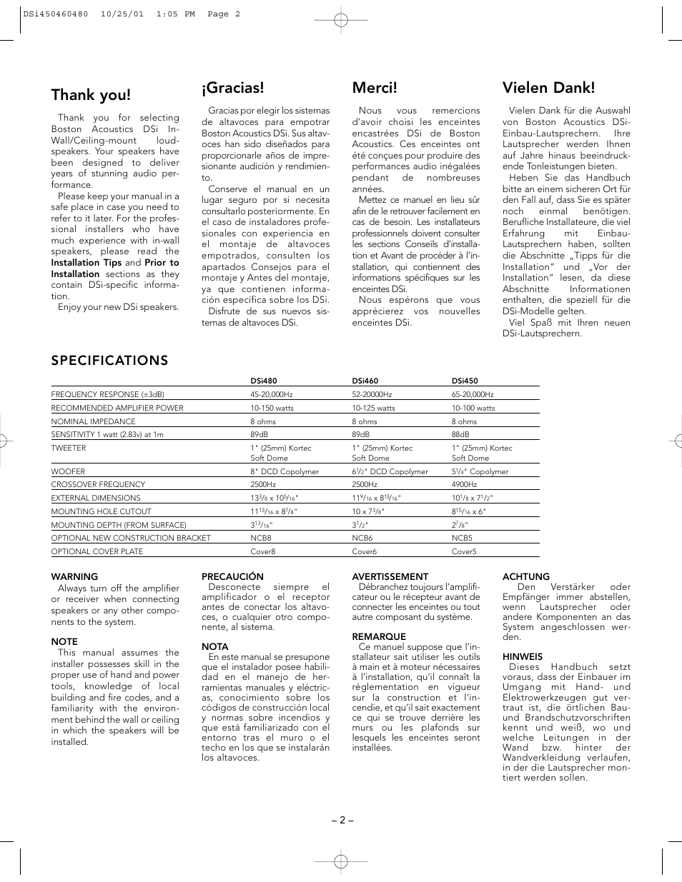 Gracias, Vielen dank, Merci | Specifications | Boston Acoustics DSi450 User Manual | Page 2 / 12