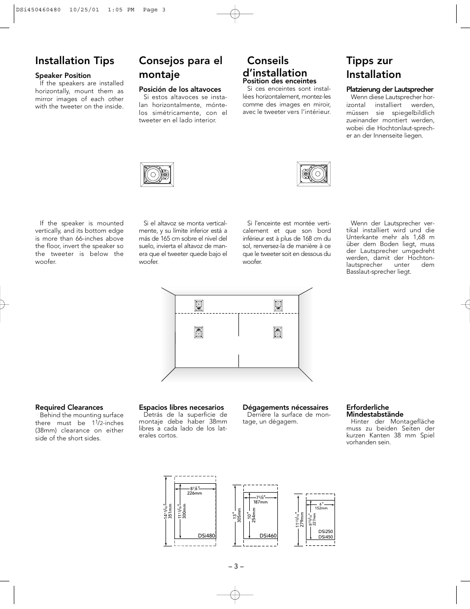 Installation tips, Consejos para el montaje, Tipps zur installation | Conseils d’installation | Boston Acoustics DSi450 User Manual | Page 3 / 12
