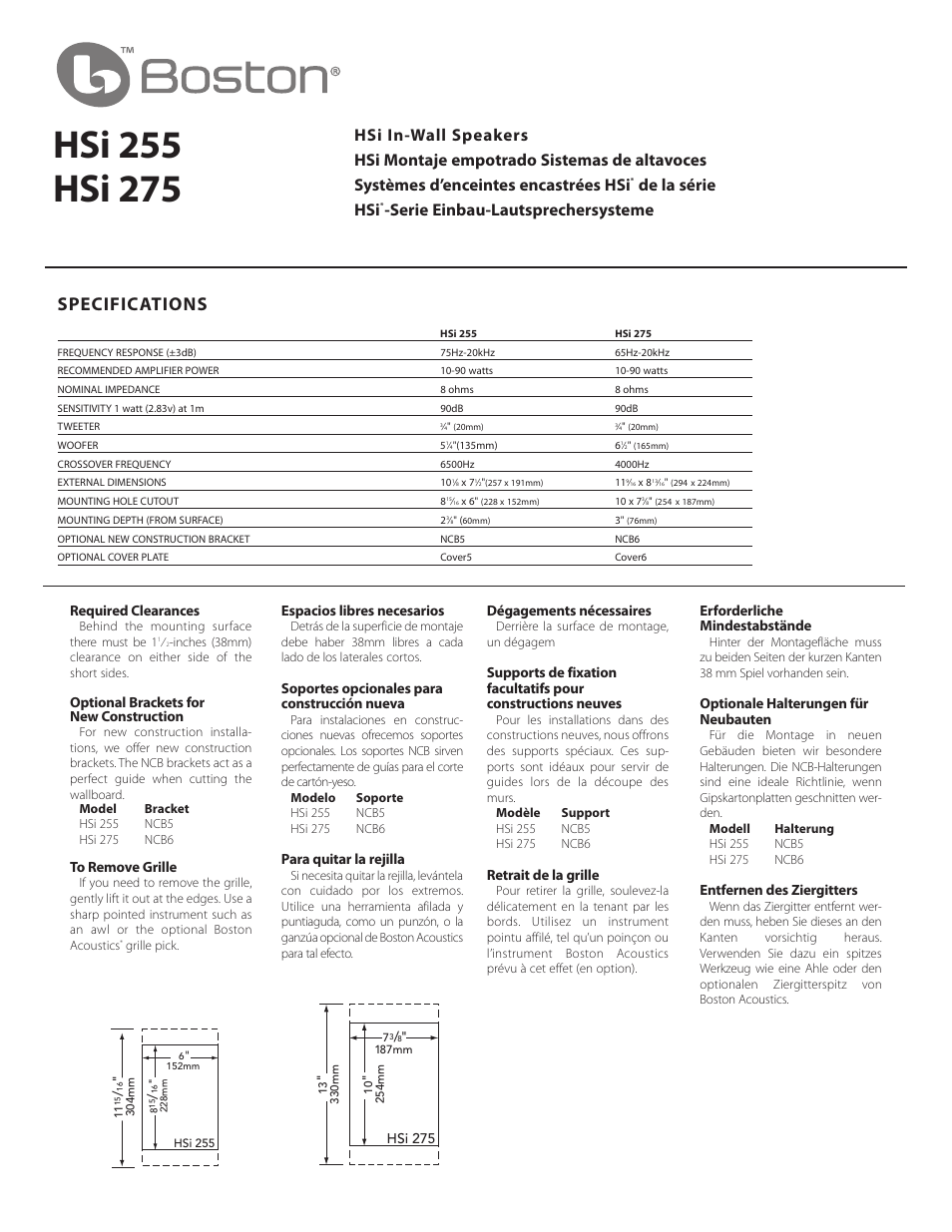 Boston Acoustics HSi Series HSi 255 User Manual | 4 pages