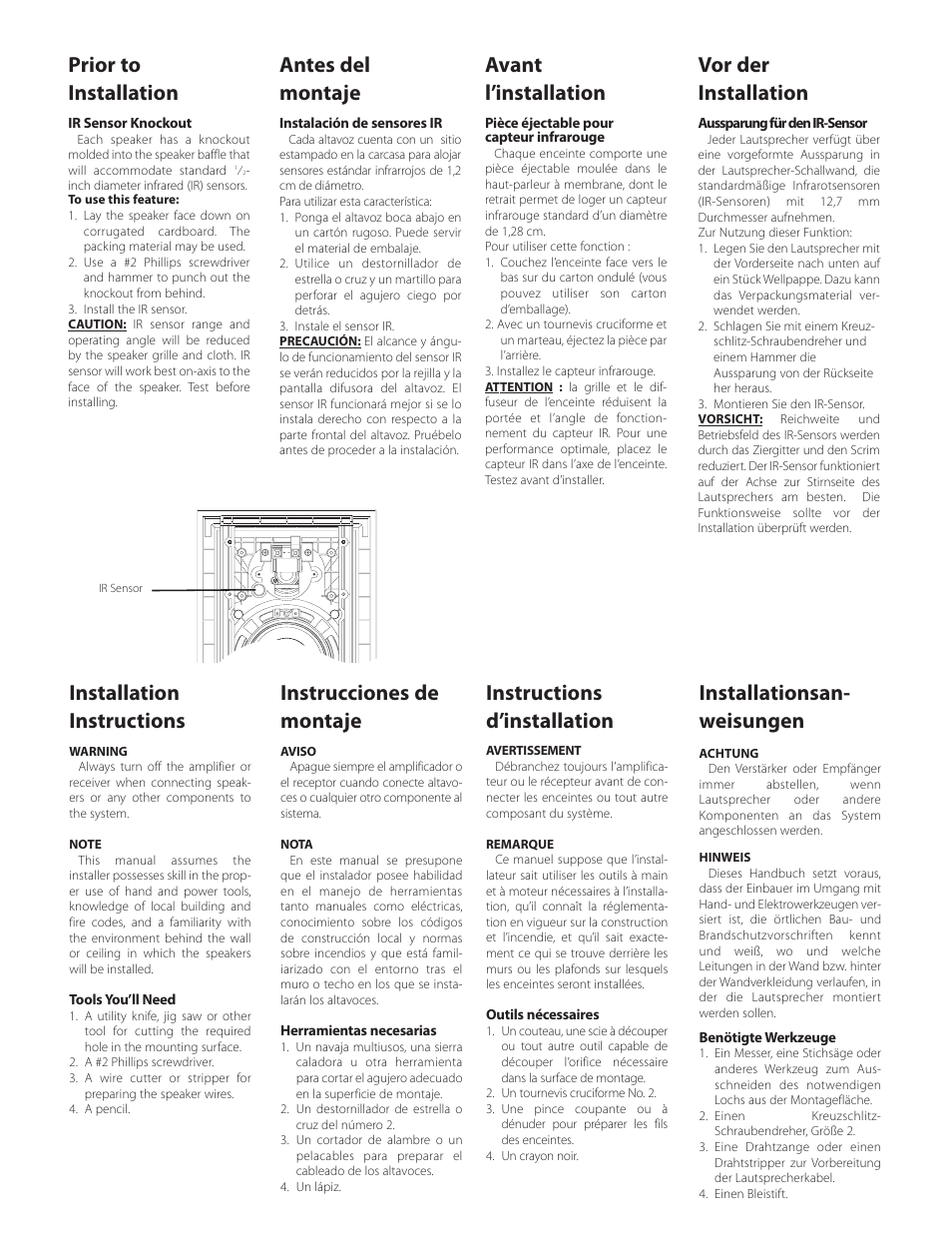 Prior to installation, Antes del montaje, Avant l’installation | Vor der installation, Installation instructions, Instrucciones de montaje, Instructions d’installation, Installationsan- weisungen | Boston Acoustics HSi Series HSi 255 User Manual | Page 2 / 4
