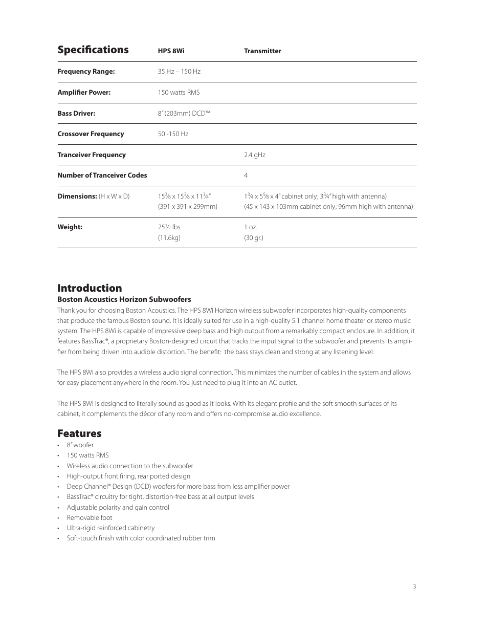 Specifi cations, Introduction, Features | Boston Acoustics Horizon Series HPS 8Wi User Manual | Page 3 / 8