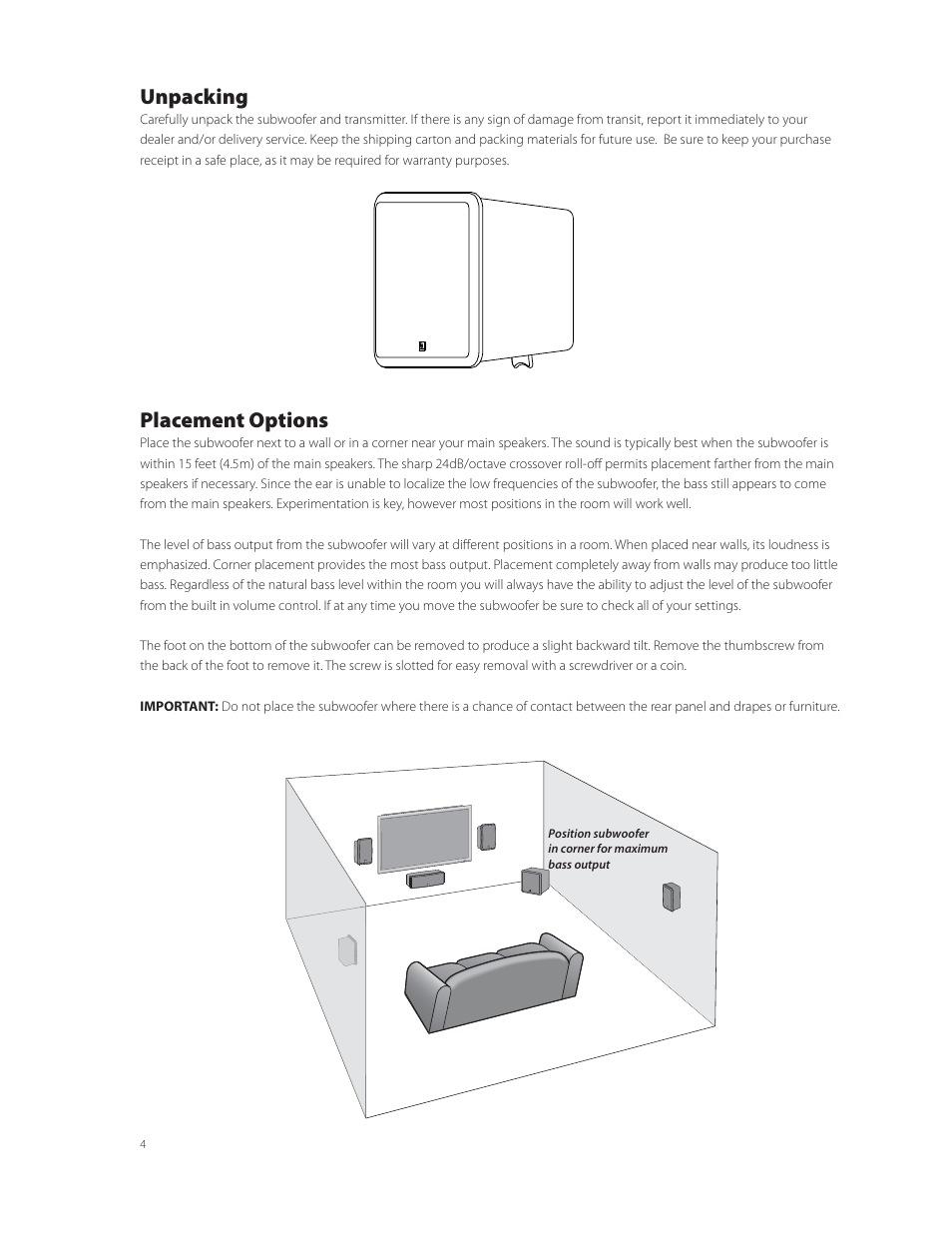 Unpacking, Placement options | Boston Acoustics Horizon Series HPS 8Wi User Manual | Page 4 / 8