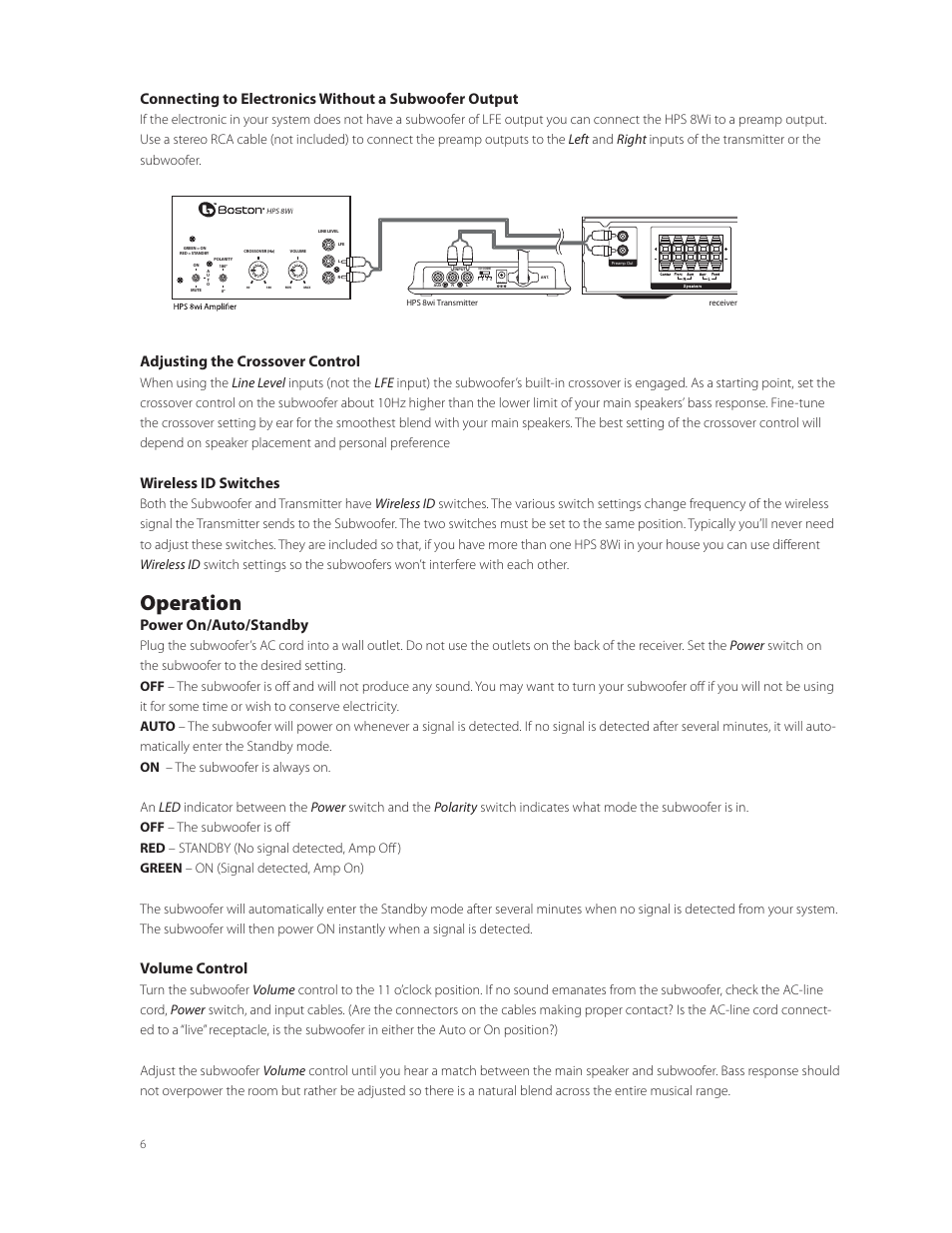 Operation, Adjusting the crossover control, Wireless id switches | Power on/auto/standby, Volume control | Boston Acoustics Horizon Series HPS 8Wi User Manual | Page 6 / 8
