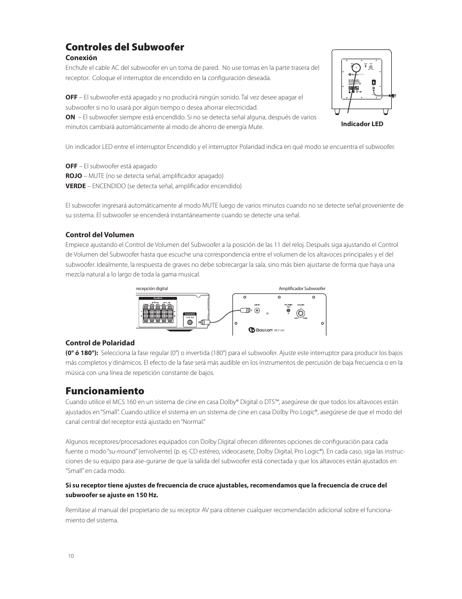 Controles del subwoofer, Funcionamiento | Boston Acoustics MCS 160 User Manual | Page 10 / 20