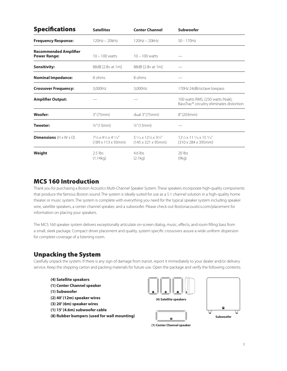 Mcs 160 introduction, Unpacking the system, Specifications | Boston Acoustics MCS 160 User Manual | Page 3 / 20