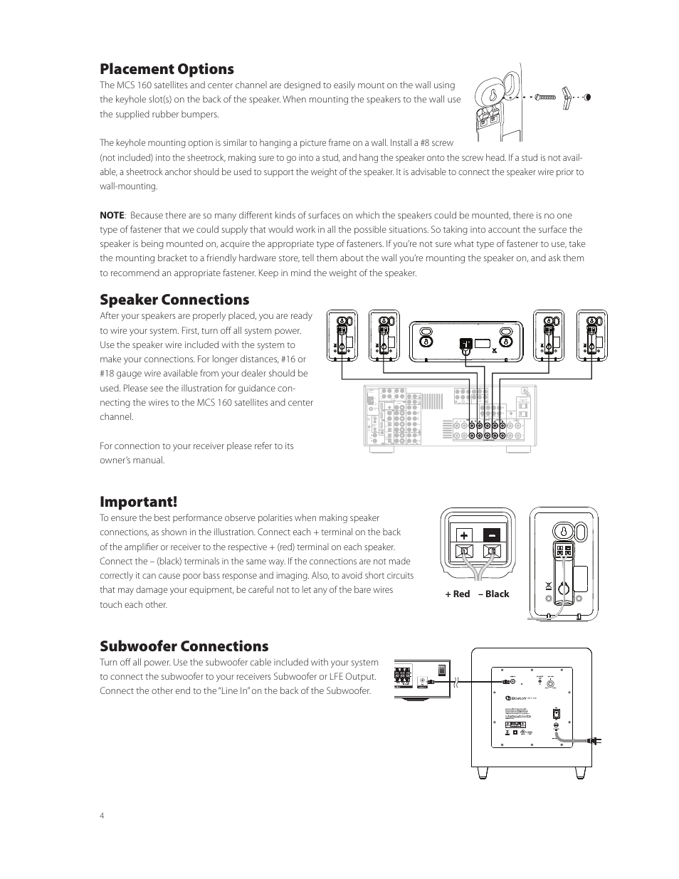Placement options, Speaker connections, Important | Subwoofer connections | Boston Acoustics MCS 160 User Manual | Page 4 / 20