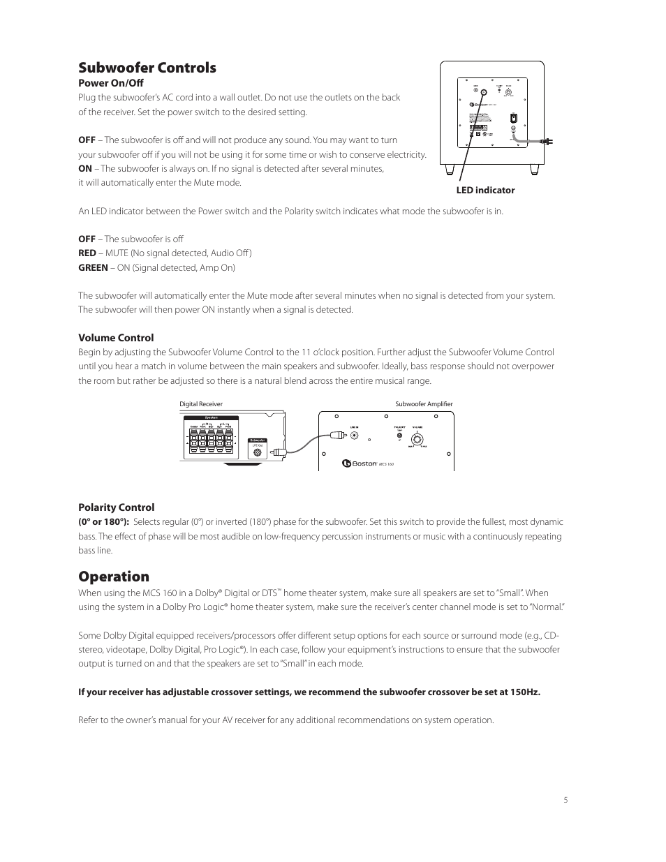 Subwoofer controls, Operation | Boston Acoustics MCS 160 User Manual | Page 5 / 20