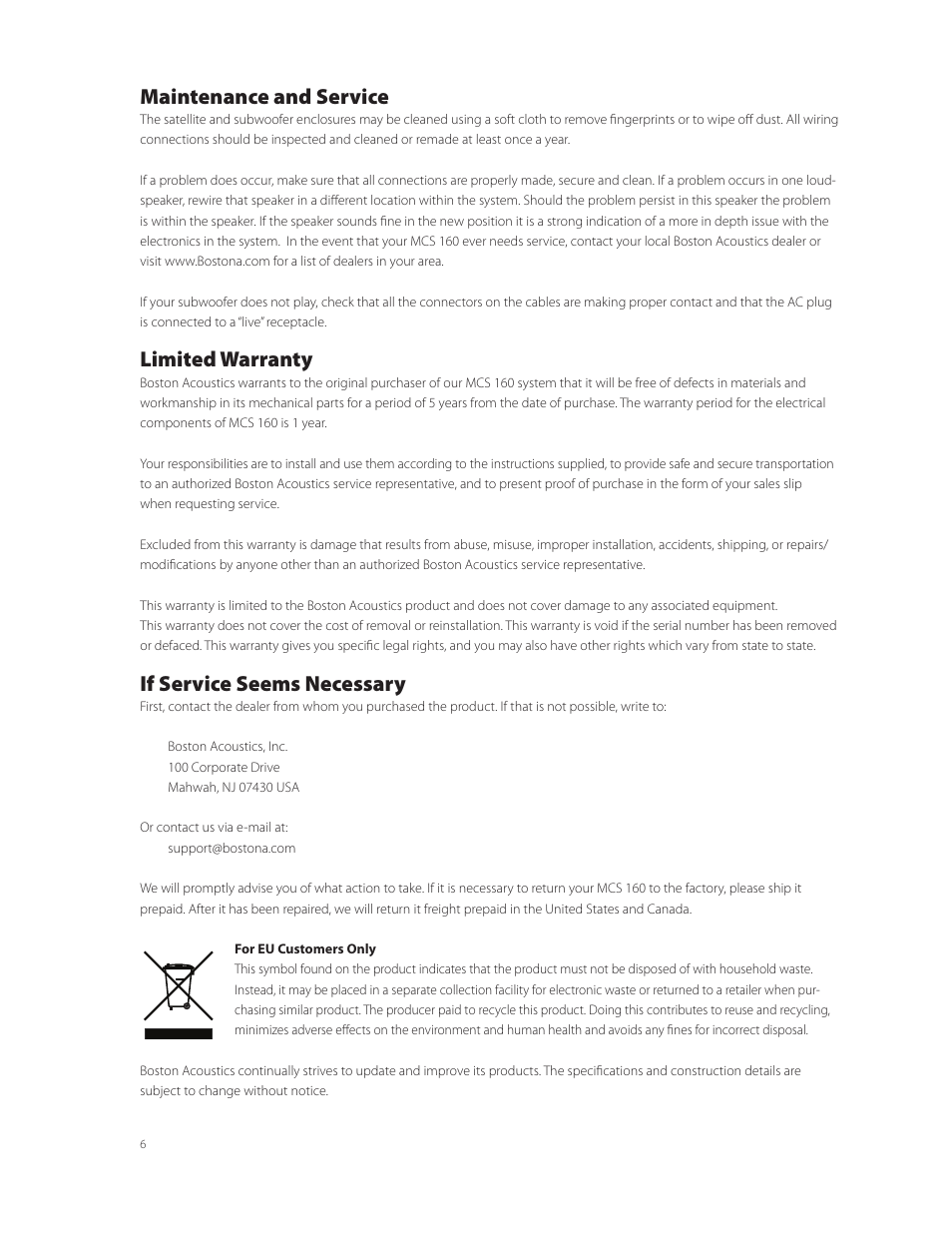 Maintenance and service, Limited warranty, If service seems necessary | Boston Acoustics MCS 160 User Manual | Page 6 / 20