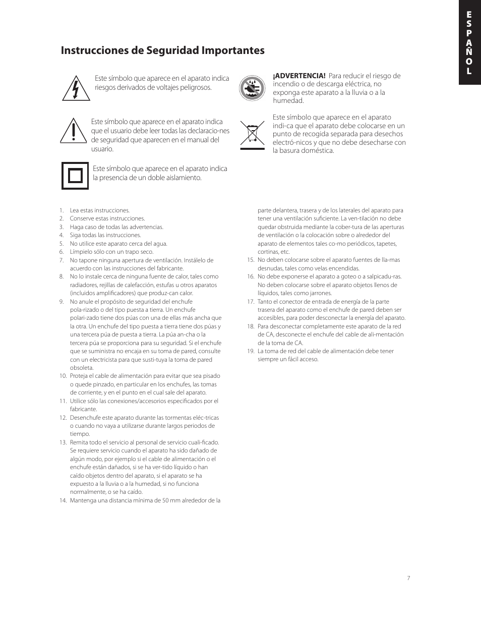Instrucciones de seguridad importantes | Boston Acoustics MCS 160 User Manual | Page 7 / 20