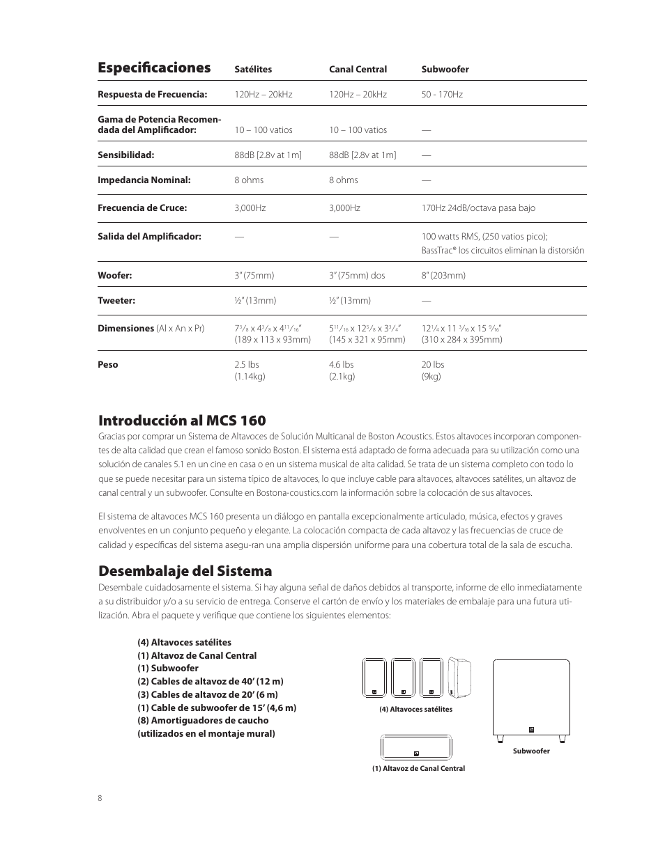 Introducción al mcs 160, Desembalaje del sistema, Especificaciones | Boston Acoustics MCS 160 User Manual | Page 8 / 20