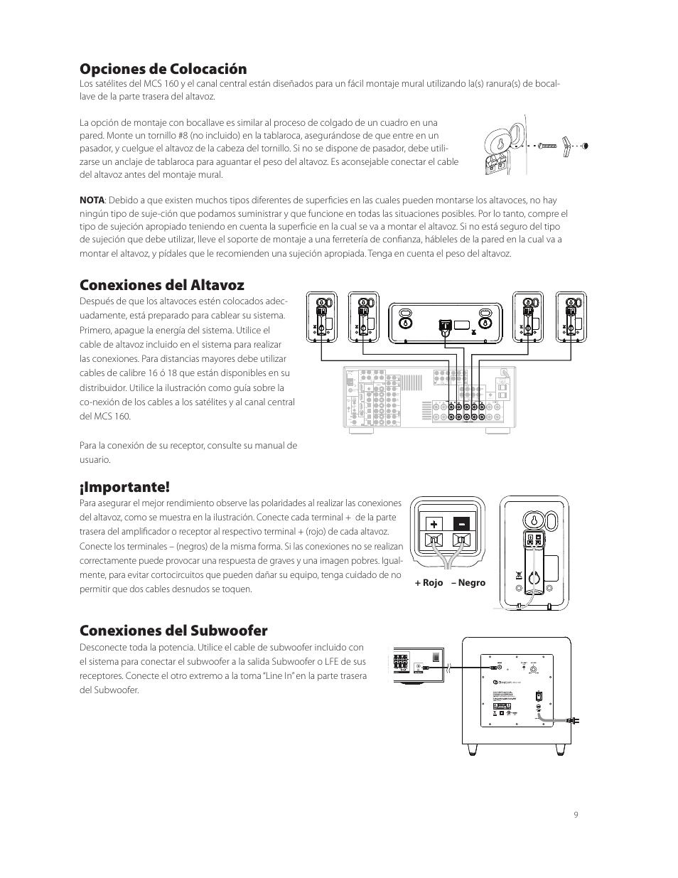 Opciones de colocación, Conexiones del altavoz, Importante | Conexiones del subwoofer | Boston Acoustics MCS 160 User Manual | Page 9 / 20