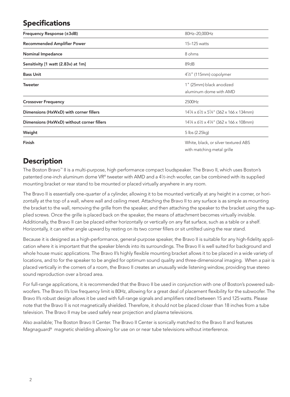 Specifications, Description | Boston Acoustics BRAVO 2 User Manual | Page 2 / 8