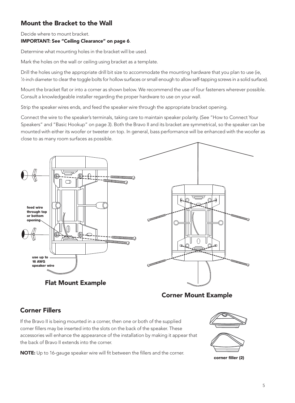 Corner fillers, Mount the bracket to the wall, Flat mount example corner mount example | Boston Acoustics BRAVO 2 User Manual | Page 5 / 8