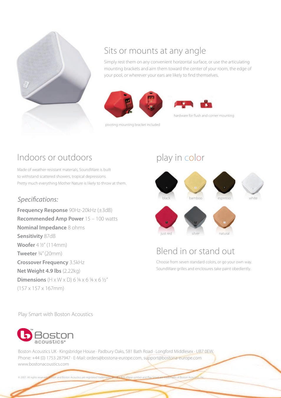 Blend in or stand out indoors or outdoors, Sits or mounts at any angle, Specifications | Boston Acoustics SoundWare User Manual | Page 2 / 2