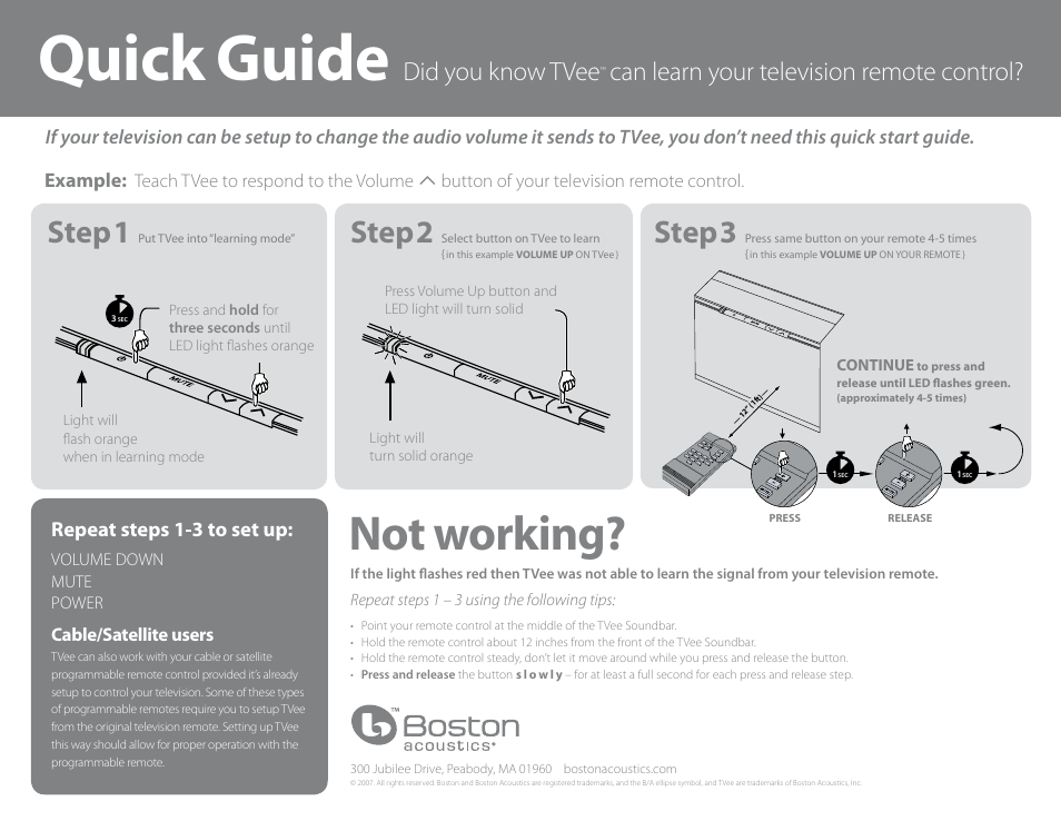 Quick guide, Not working, Step 1 | Step 2, Step 3, Did you know tvee, Can learn your television remote control, Repeat steps 1-3 to set up, Example | Boston Acoustics TVee TM User Manual | Page 2 / 10