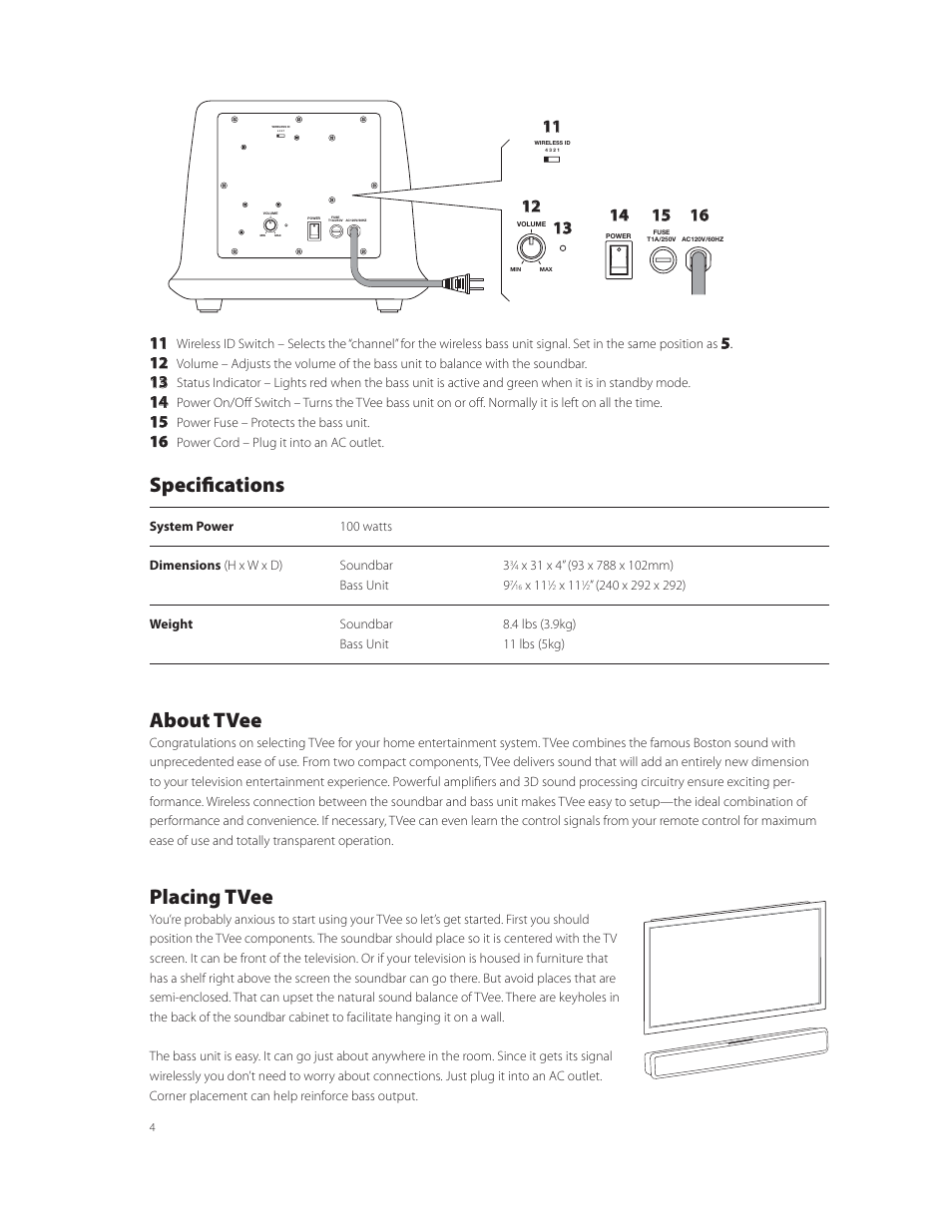 Specifi cations, About tvee, Placing tvee | Boston Acoustics TVee TM User Manual | Page 5 / 10