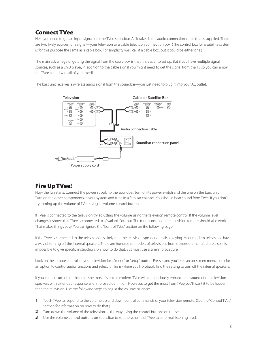 Connect tvee, Fire up tvee | Boston Acoustics TVee TM User Manual | Page 6 / 10