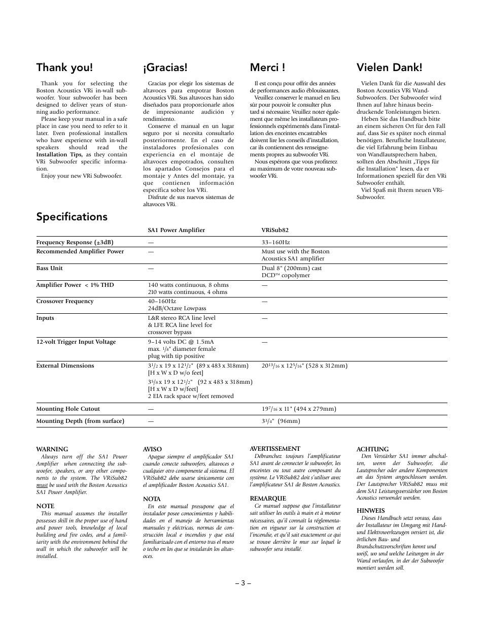 Gracias, Vielen dank, Merci | Boston Acoustics Vri In-Wall Subwoofer VRiSub82 User Manual | Page 3 / 12