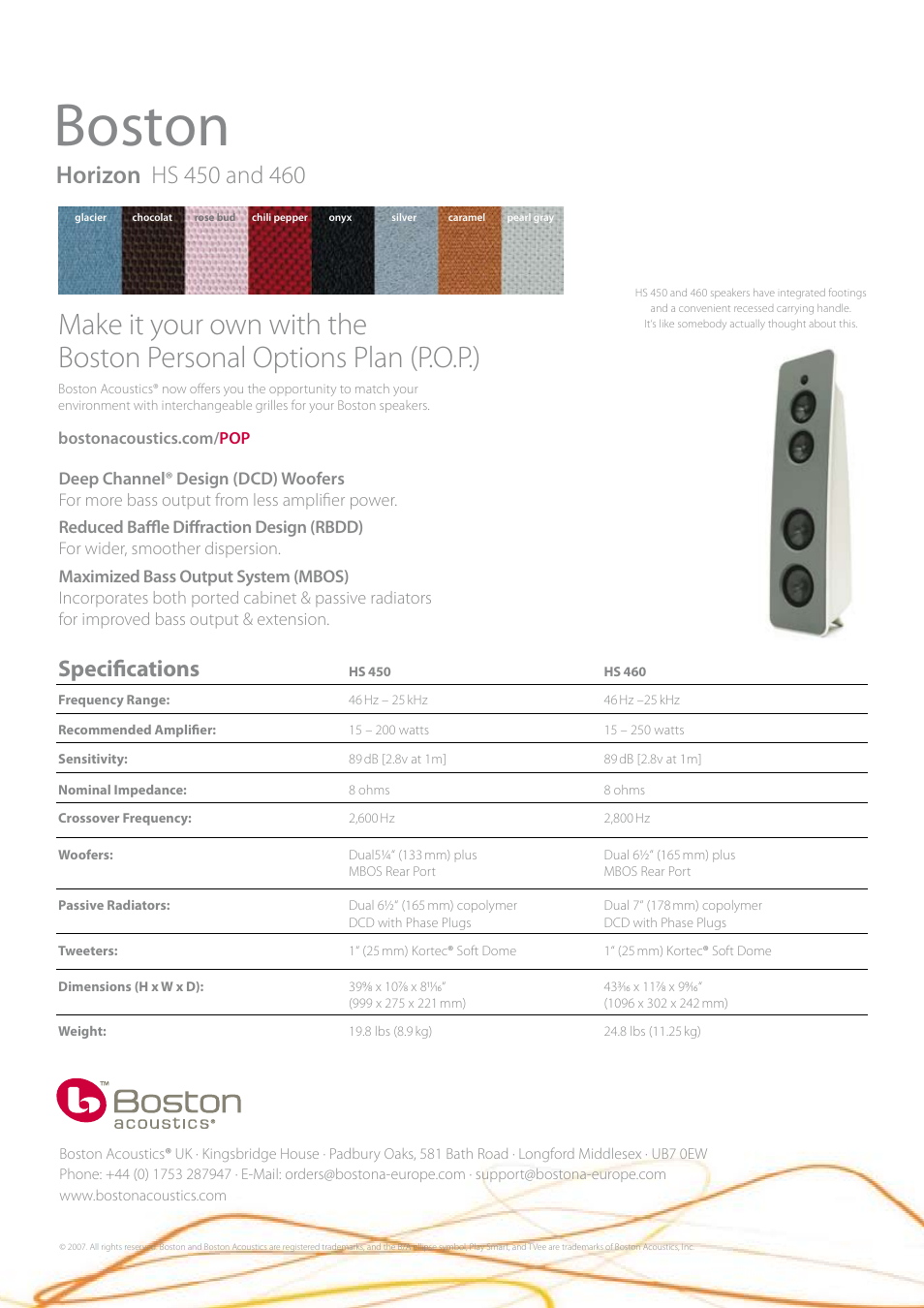 Boston, Specifications | Boston Acoustics Horizon Series HS 460 User Manual | Page 2 / 2