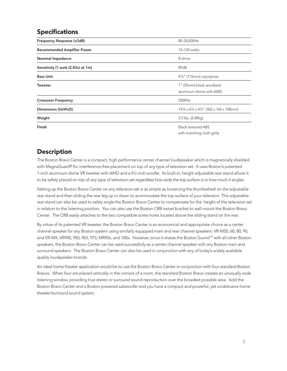 Specifications, Description | Boston Acoustics Center Channel Speaker User Manual | Page 2 / 6