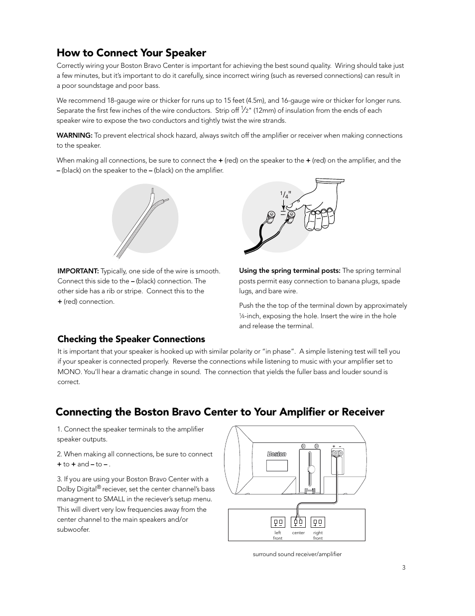 How to connect your speaker, Checking the speaker connections | Boston Acoustics Center Channel Speaker User Manual | Page 3 / 6