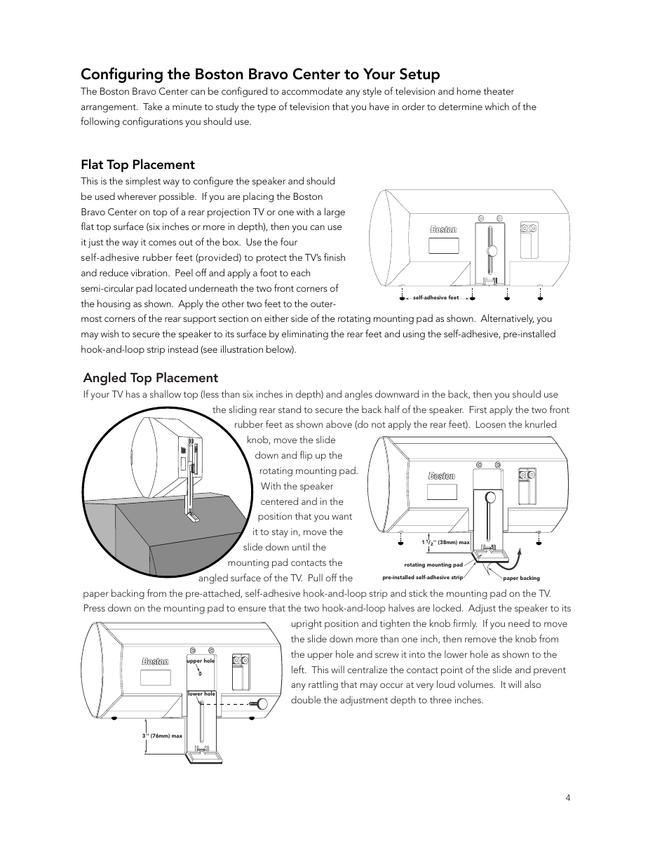 Configuring the boston bravo center to your setup, Angled top placement, Flat top placement | Boston Acoustics Center Channel Speaker User Manual | Page 4 / 6