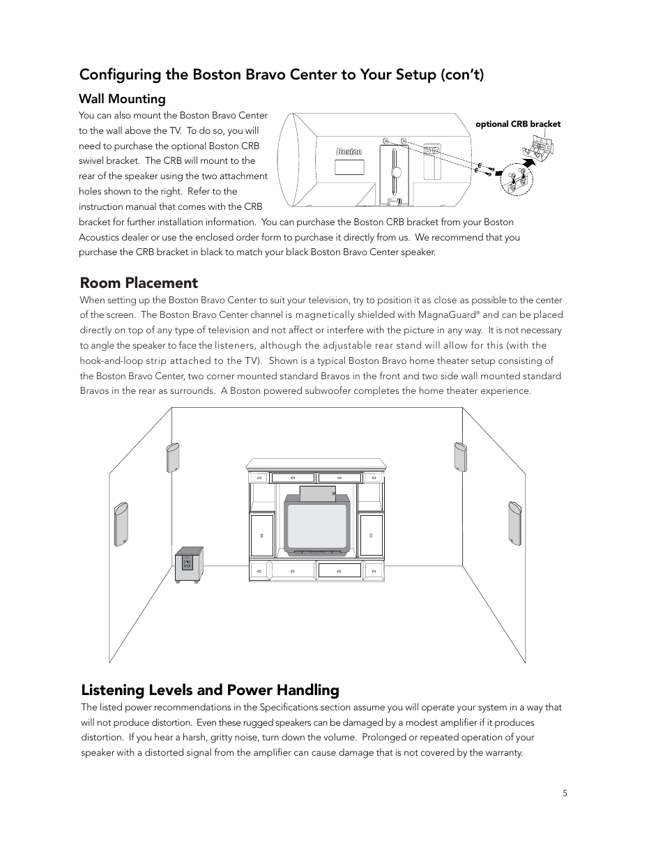 Room placement, Listening levels and power handling, Wall mounting | Boston Acoustics Center Channel Speaker User Manual | Page 5 / 6