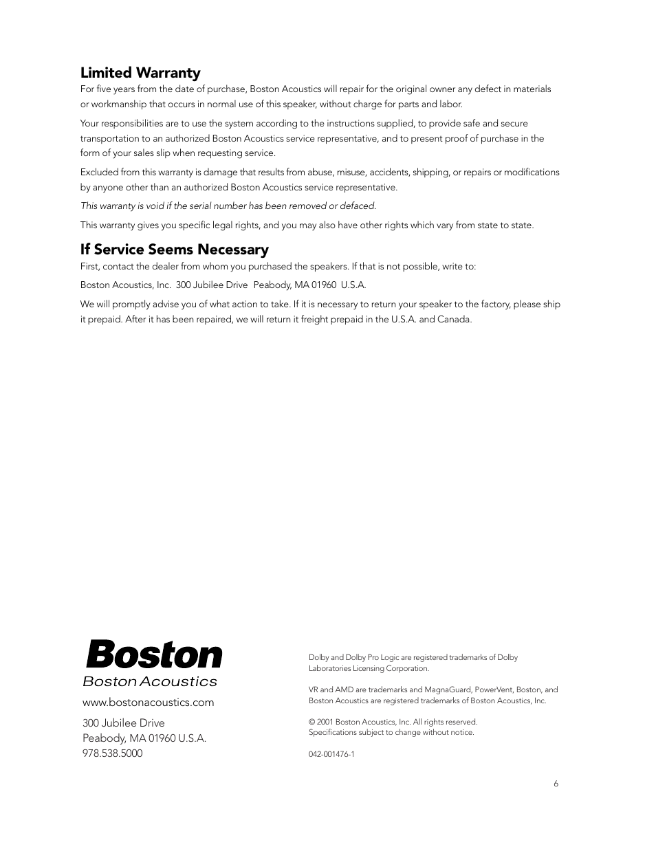Limited warranty, If service seems necessary | Boston Acoustics Center Channel Speaker User Manual | Page 6 / 6