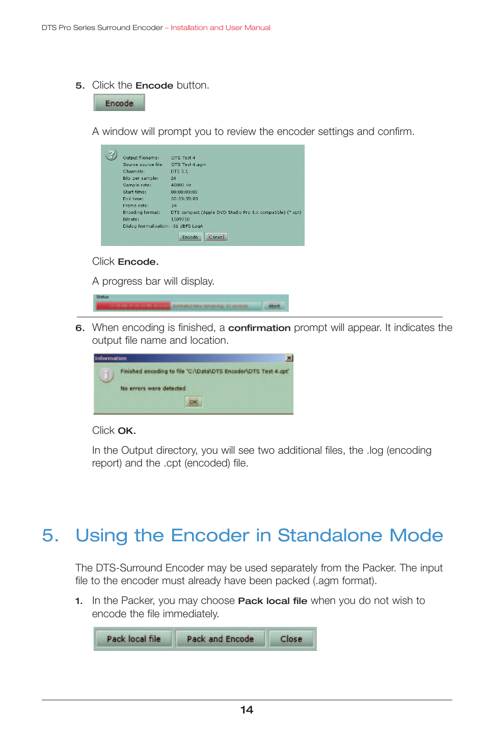 Using the encoder in standalone mode | DTS surround encoder User Manual | Page 16 / 28