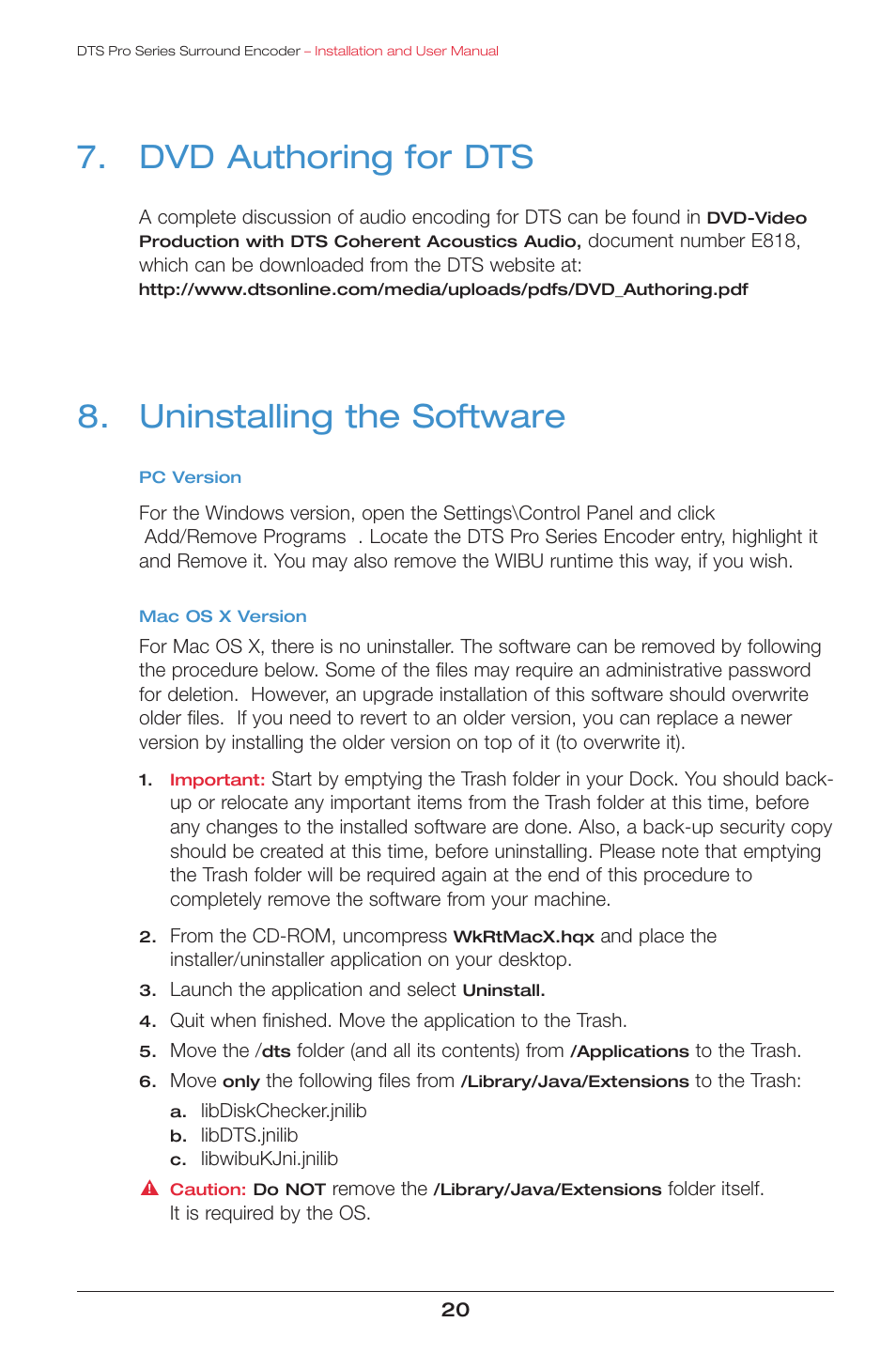 Dvd authoring for dts, Uninstalling the software | DTS surround encoder User Manual | Page 22 / 28