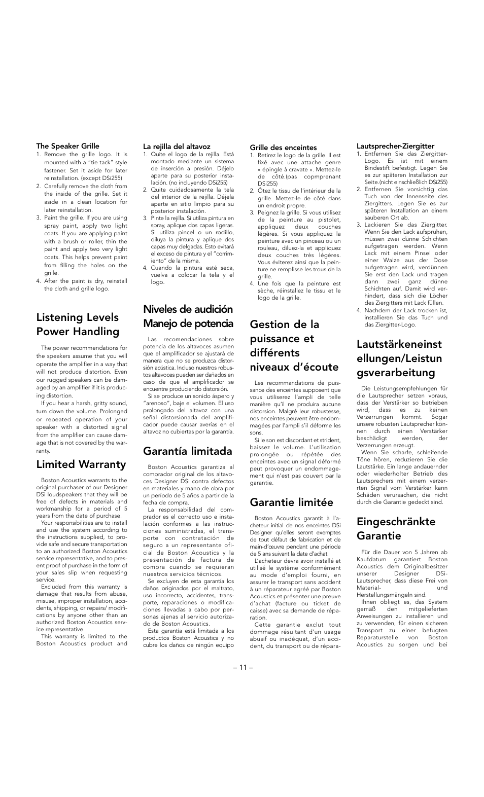 Listening levels power handling, Limited warranty, Niveles de audición manejo de potencia | Garantía limitada, Garantie limitée, Lautstärkeneinst ellungen/leistun gsverarbeitung, Eingeschränkte garantie | Boston Acoustics DSi255 User Manual | Page 11 / 12