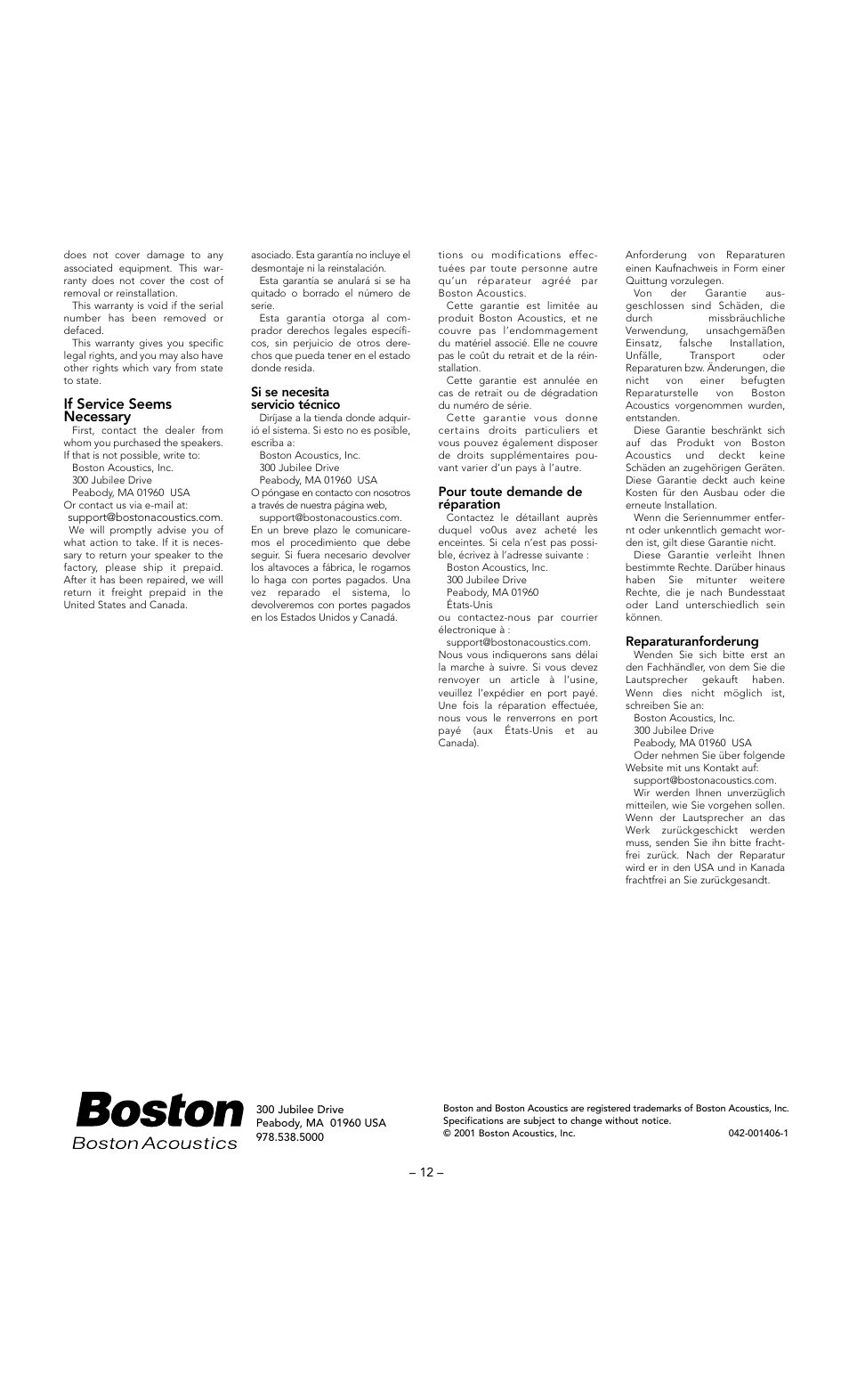 If service seems necessary | Boston Acoustics DSi255 User Manual | Page 12 / 12