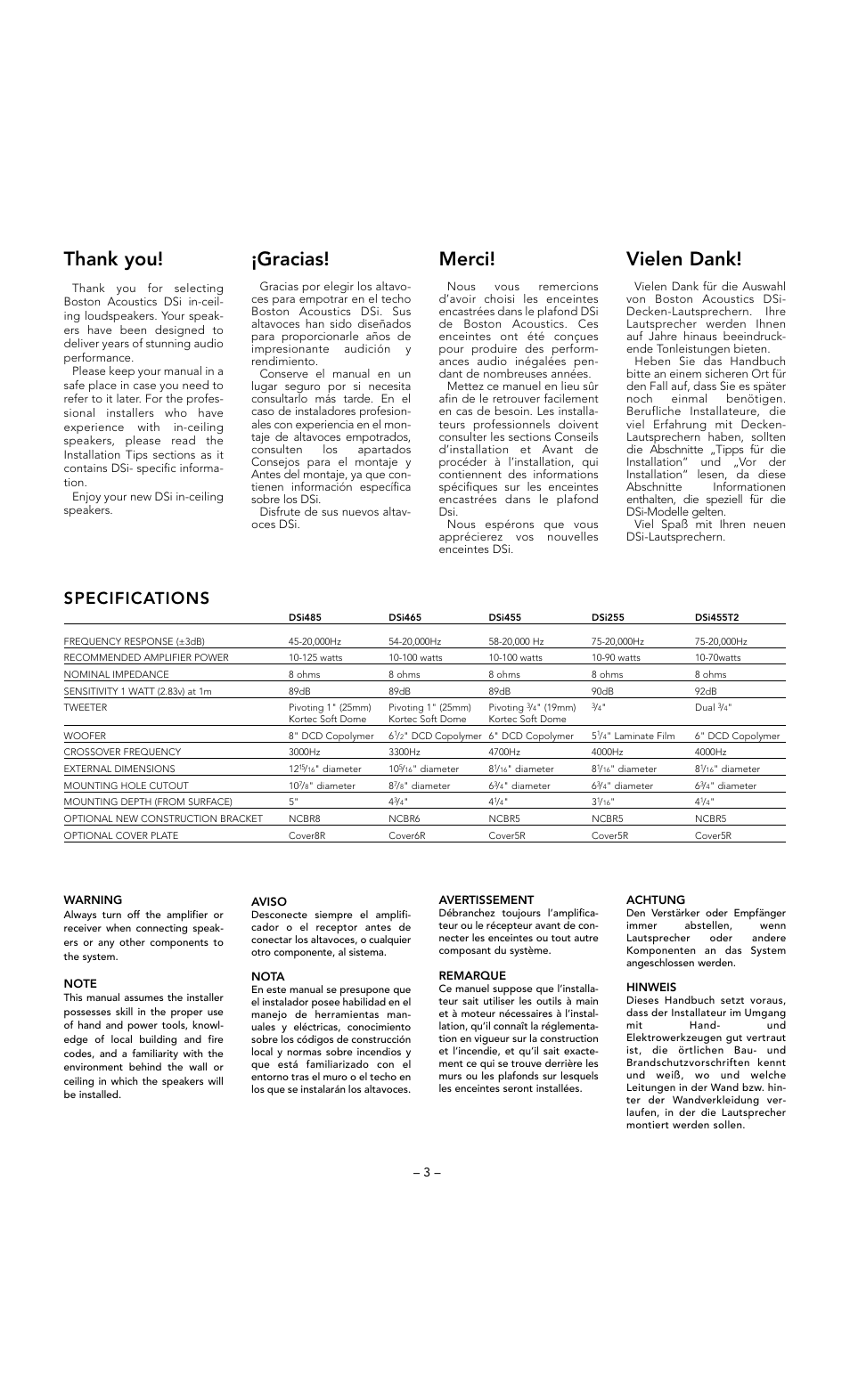 Gracias, Merci, Vielen dank | Specifications | Boston Acoustics DSi255 User Manual | Page 3 / 12