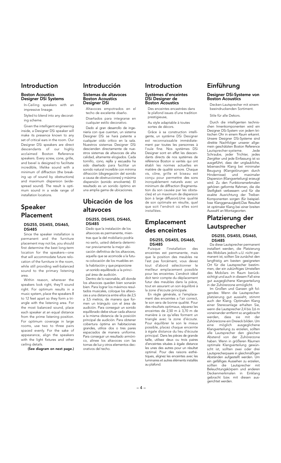 Introduction, Speaker placement, Introducción | Ubicación de los altavoces, Emplacement des enceintes, Einführung, Platzierung der lautsprecher | Boston Acoustics DSi255 User Manual | Page 4 / 12