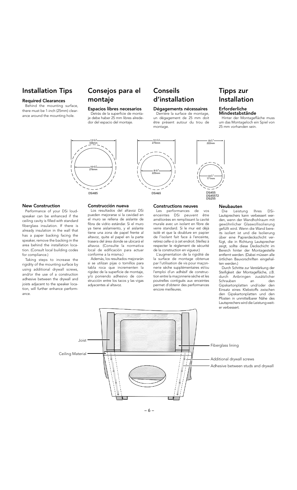 Installation tips, Consejos para el montaje, Conseils d’installation | Tipps zur installation, New construction, Construcción nueva, Constructions neuves, Neubauten, Required clearances, Espacios libres necesarios | Boston Acoustics DSi255 User Manual | Page 6 / 12