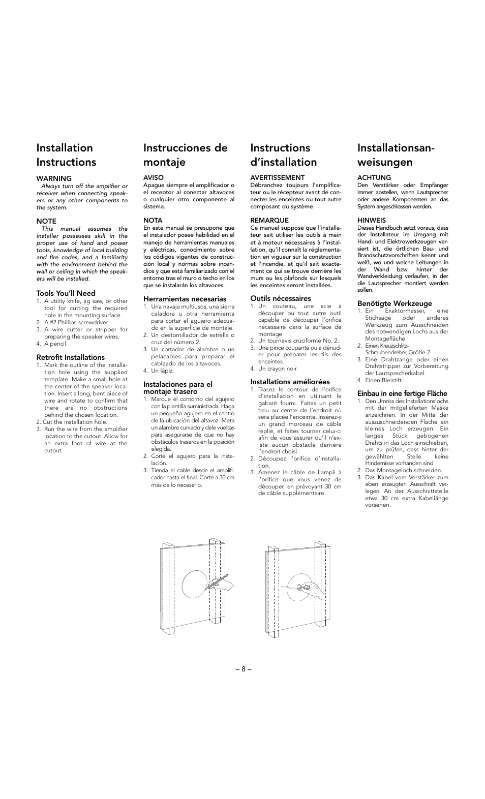 Installation instructions, Instrucciones de montaje, Instructions d’installation | Installationsan- weisungen | Boston Acoustics DSi255 User Manual | Page 8 / 12