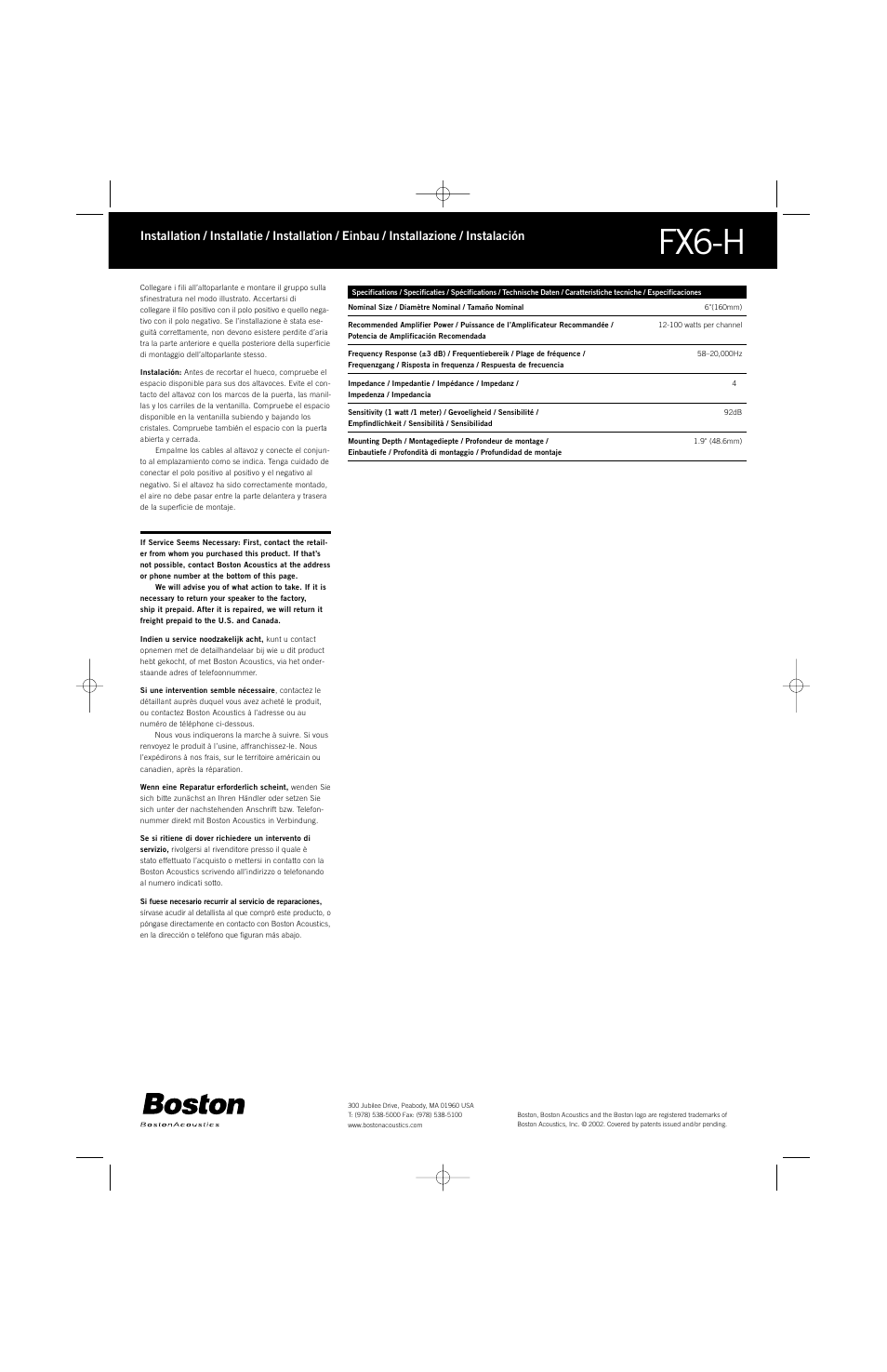 Fx6-h | Boston Acoustics FX6-H User Manual | Page 2 / 2