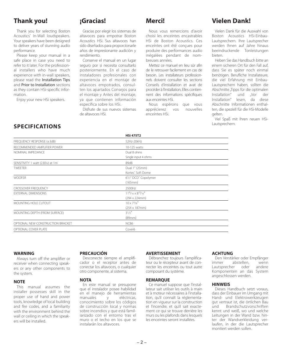 Gracias, Vielen dank, Merci | Specifications | Boston Acoustics HSi 475T2 User Manual | Page 2 / 16