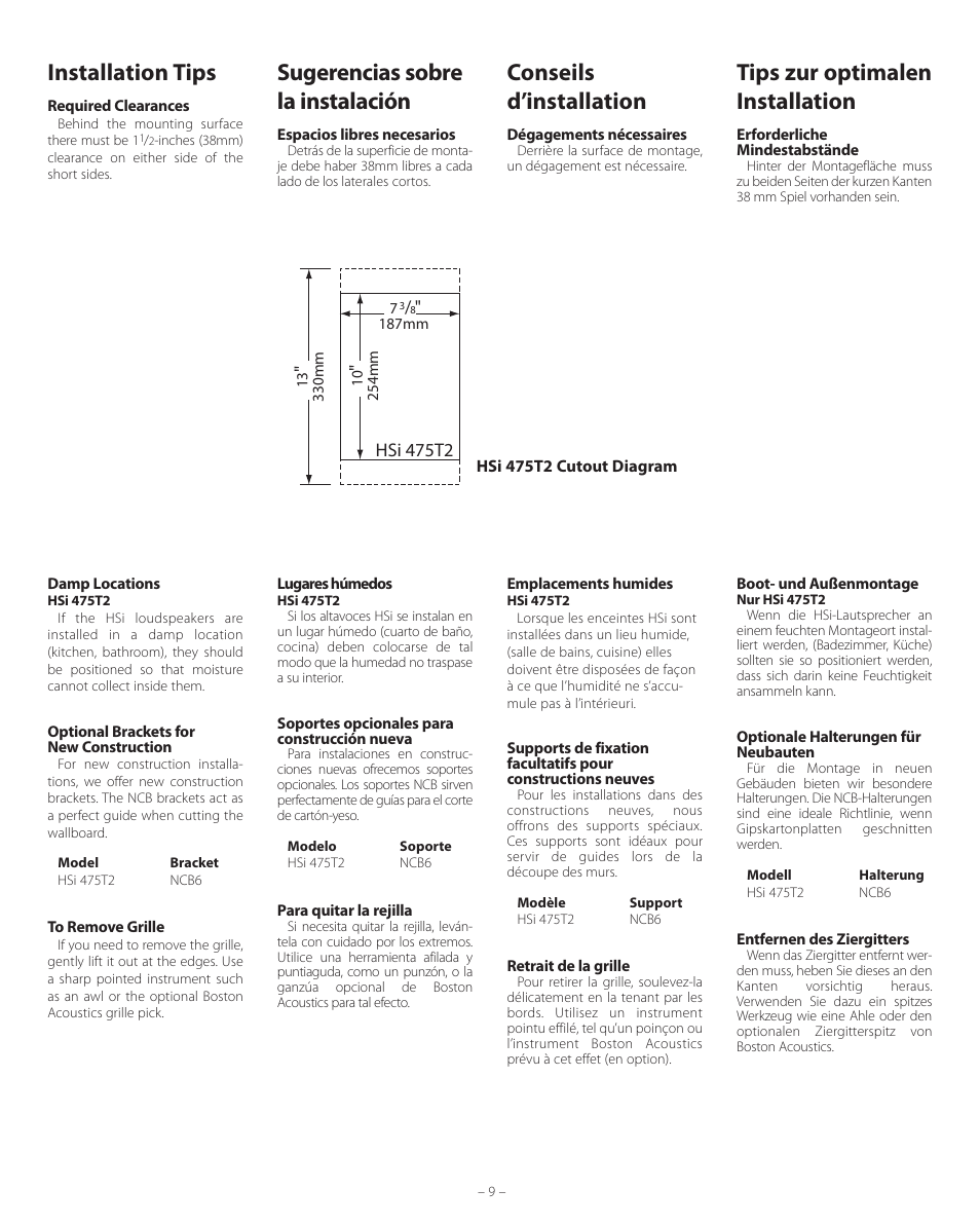 Installation tips, Sugerencias sobre la instalación, Conseils d’installation | Tips zur optimalen installation | Boston Acoustics HSi 475T2 User Manual | Page 9 / 16