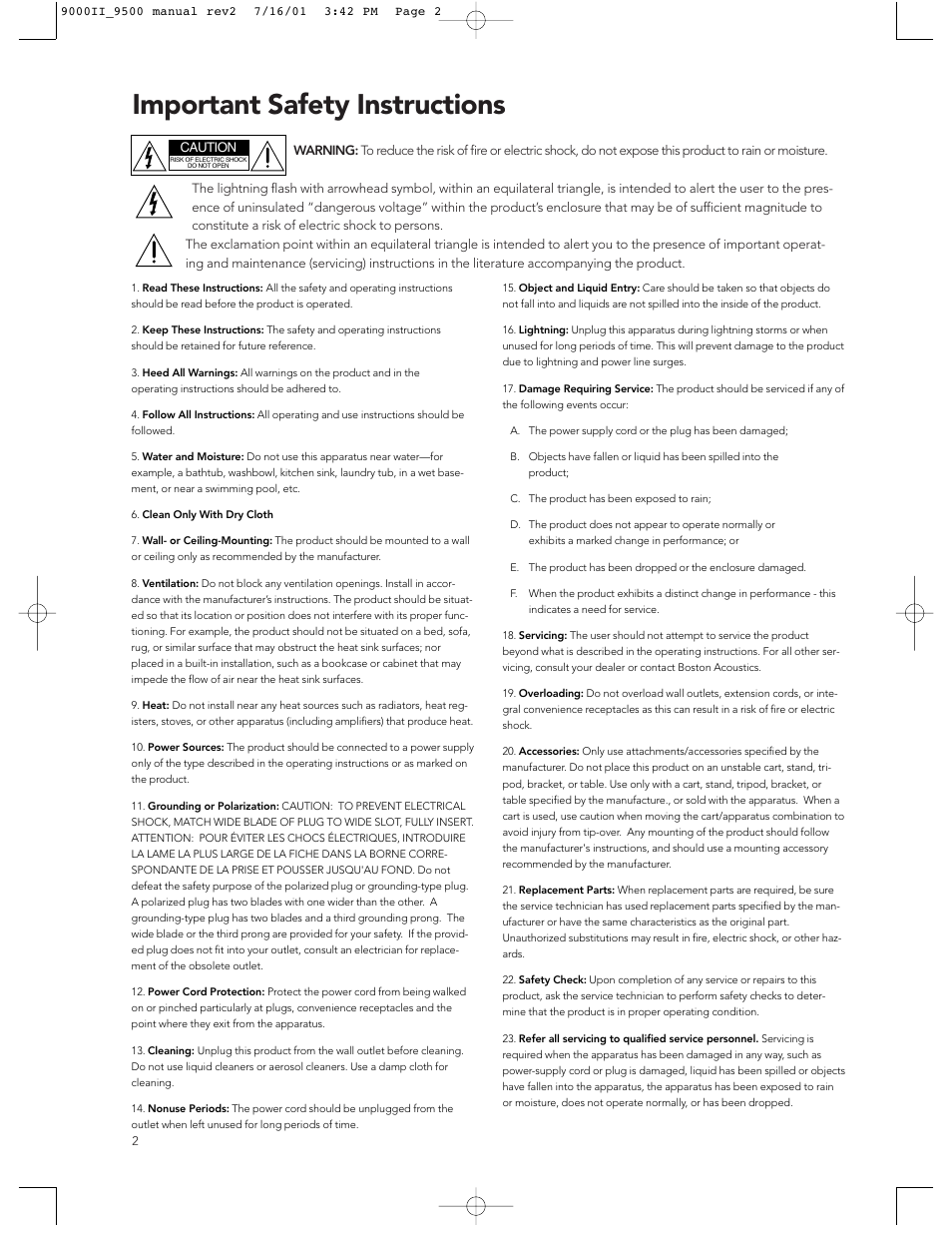 Important safety instructions | Boston Acoustics 9500 User Manual | Page 2 / 16