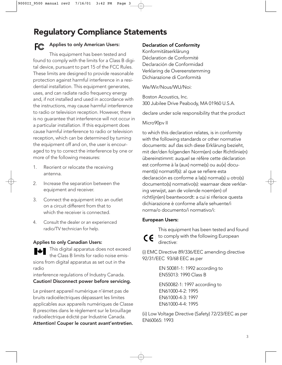 Regulatory compliance statements | Boston Acoustics 9500 User Manual | Page 3 / 16