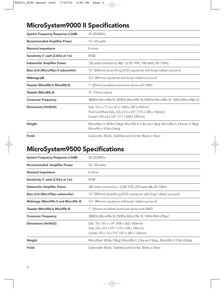 Microsystem9000 ii specifications, Microsystem9500 specifications | Boston Acoustics 9500 User Manual | Page 4 / 16