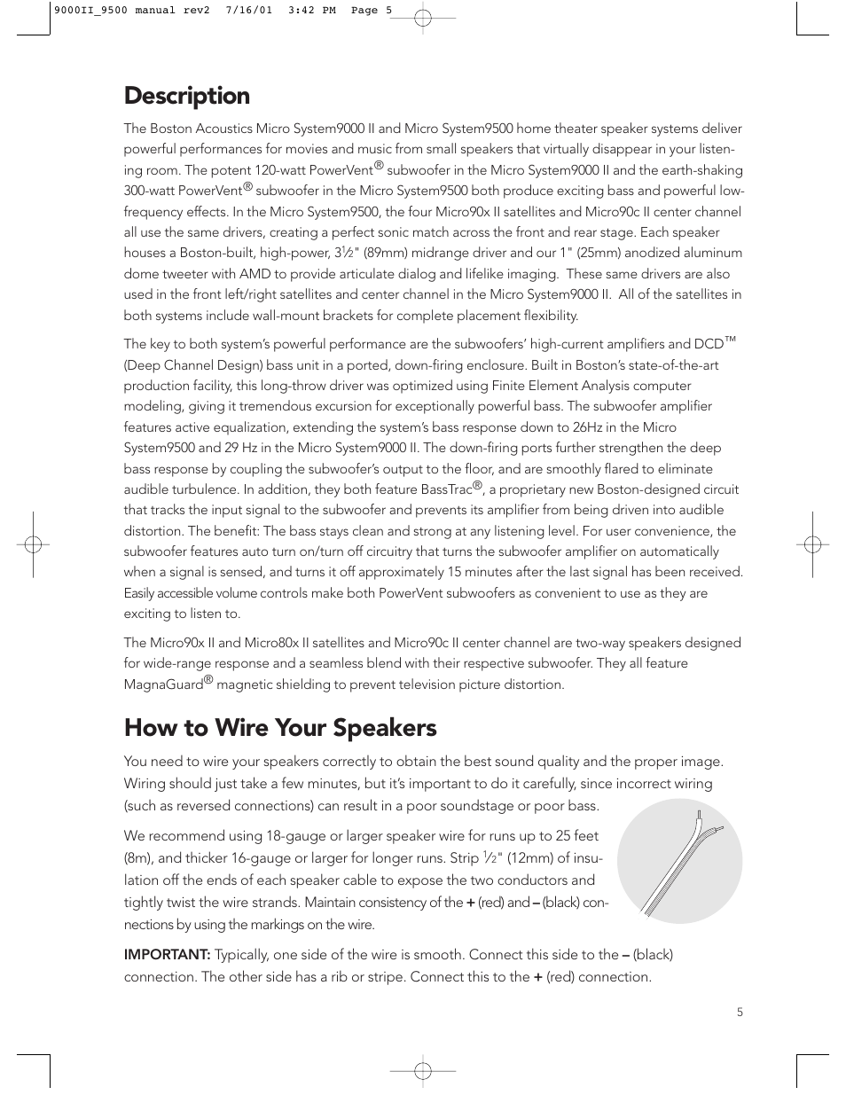 How to wire your speakers, Description | Boston Acoustics 9500 User Manual | Page 5 / 16